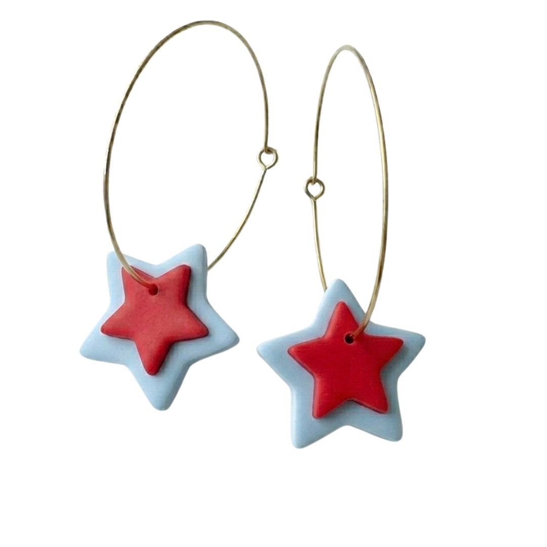 Sweet Tree Star Hoops, handcrafted polymer clay earrings