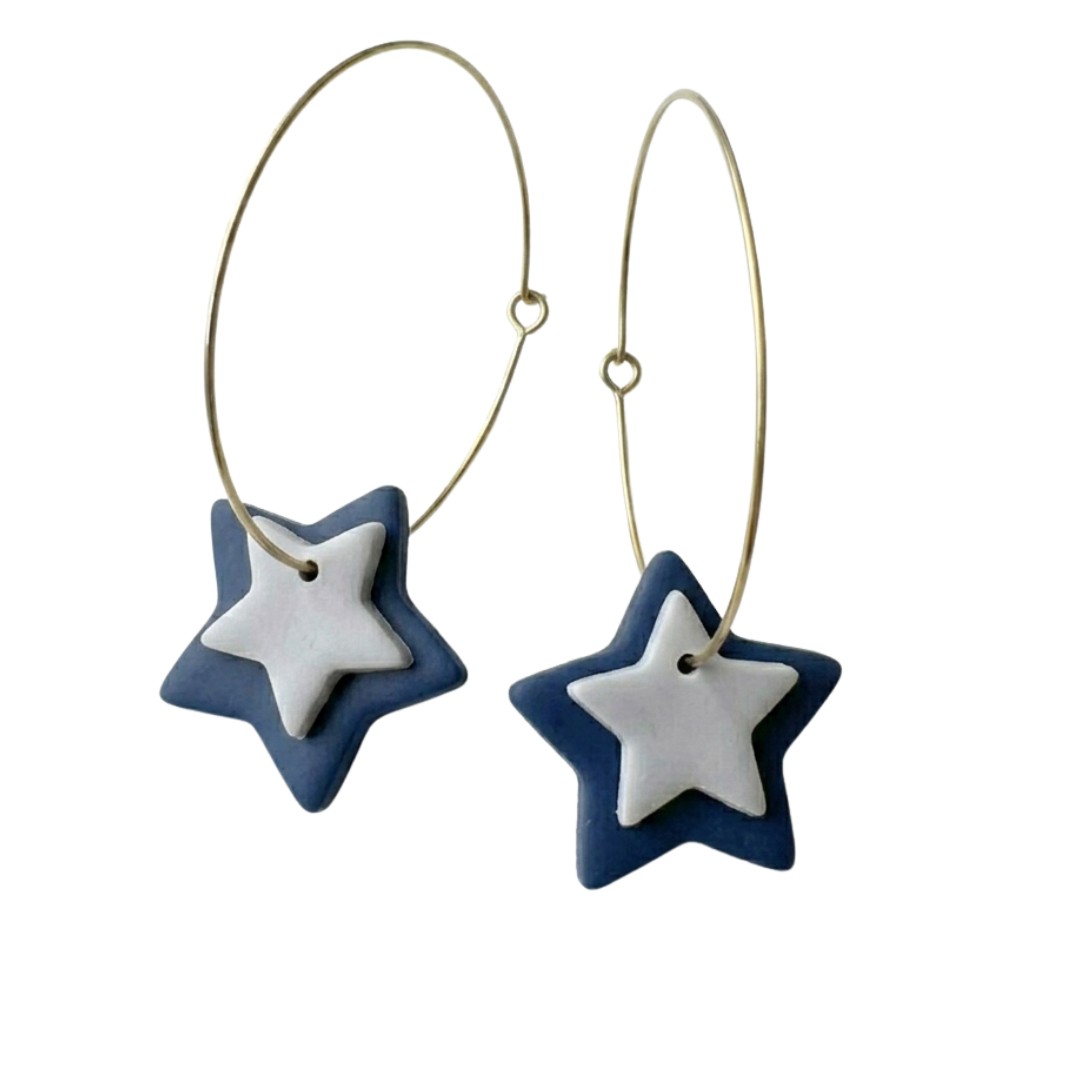 Sweet Tree Star Hoops, handcrafted polymer clay earrings