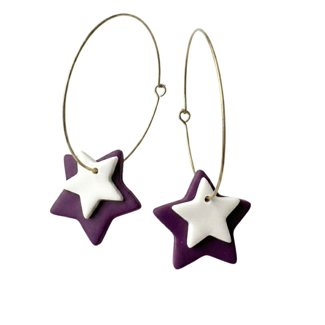 Sweet Tree Star Hoops, handcrafted polymer clay earrings