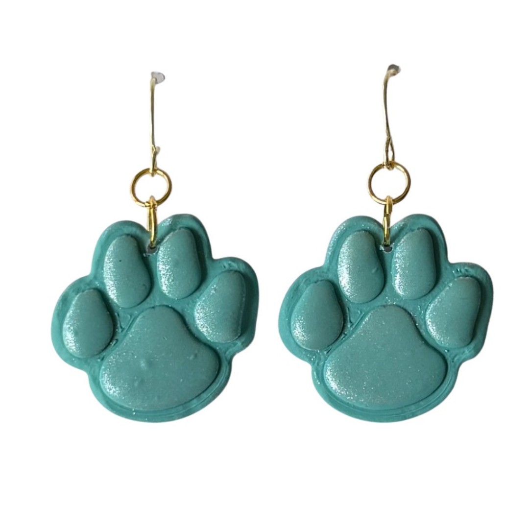 Shimmer Paw Print Earrings — Aqua